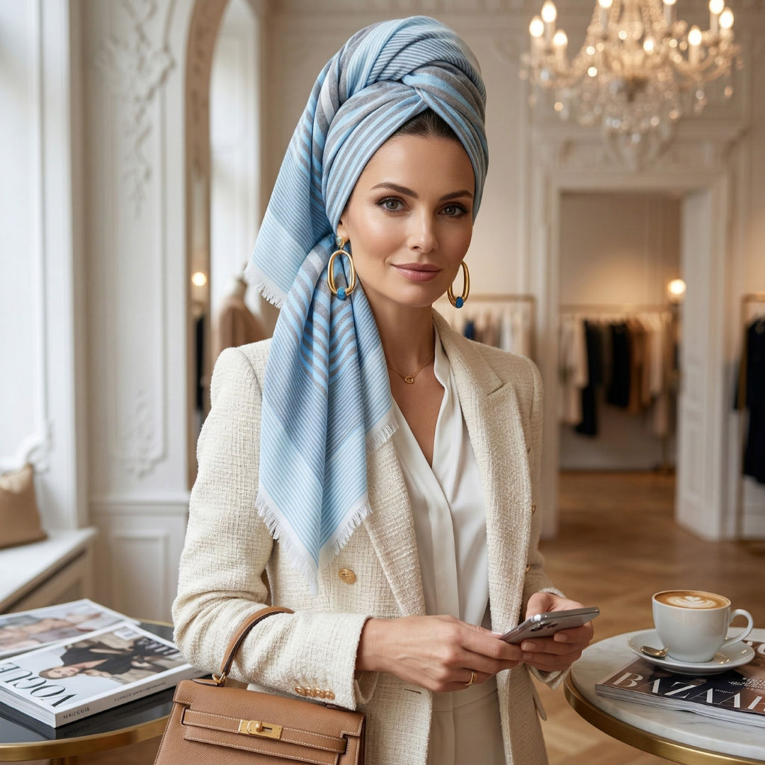 Classic Summer Scarf With Black/Blue Stripes